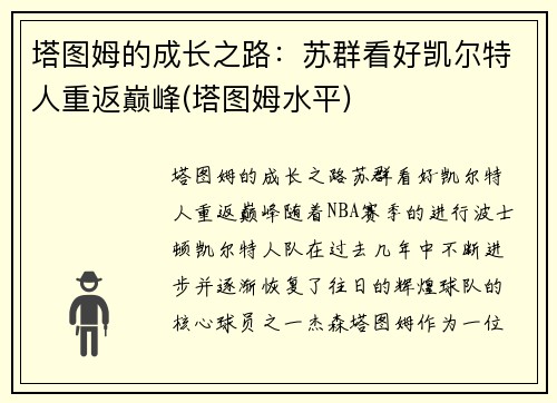 塔图姆的成长之路：苏群看好凯尔特人重返巅峰(塔图姆水平)